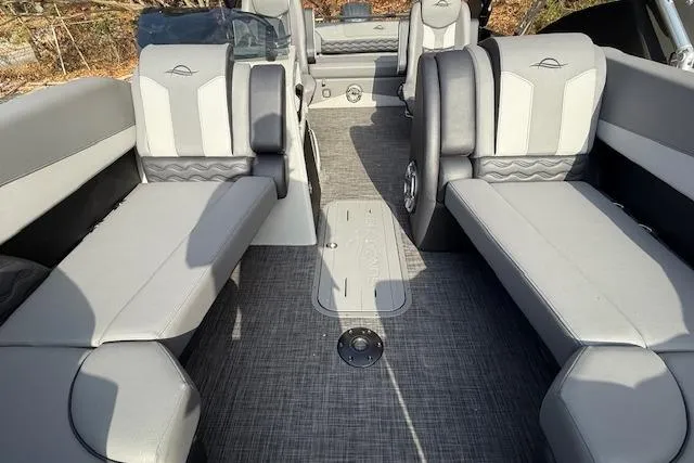 Slide: The Image of Luxury seating on 2026 SunCatcher Diamond Elite 324 SL pontoon boat, featuring sleek gray upholstery. - 20