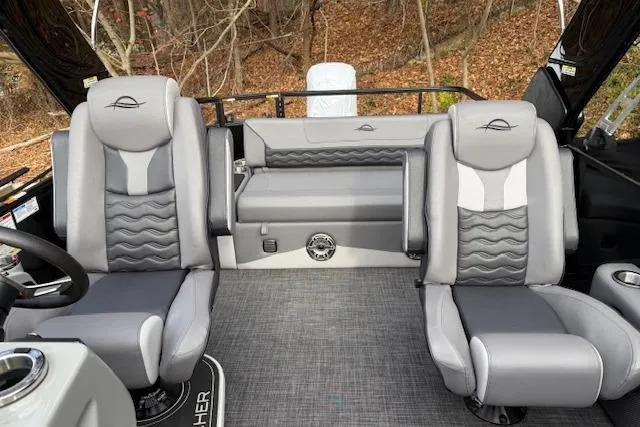 Slide: The Image of Manufacturer Provided Image: Luxurious interior of 2026 SunCatcher Diamond Elite 324 SL pontoon boat with plush seating. - 35