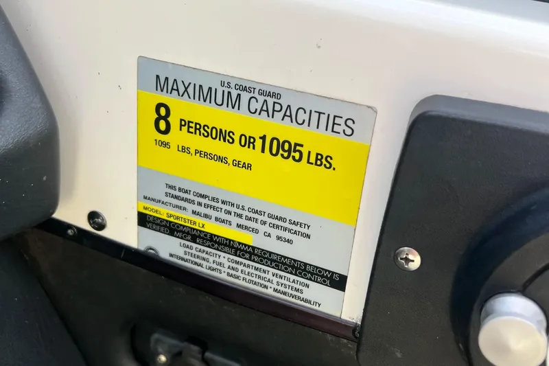 Slide: The Image of 2002 Malibu Sportster LX capacity label, 8 persons or 1095 lbs, U.S. Coast Guard compliant. - 23