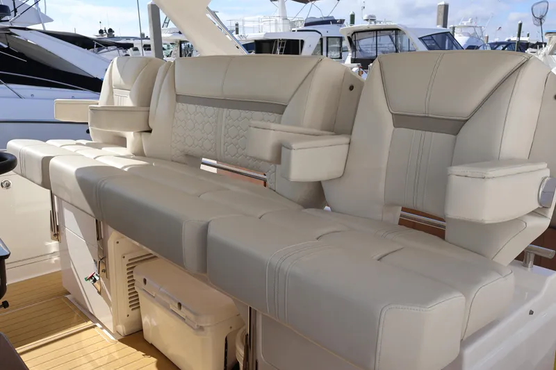 Slide: The Image of Luxurious seating on 2023 Tiara Yachts 43 LS, featuring elegant beige upholstery. - 34