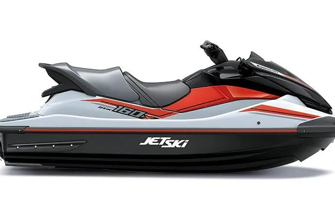 Slide: The Image of 2025 Kawasaki STX 160X jet ski, sleek design, red and black accents. - 1