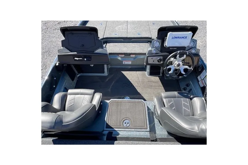 The Image of 2024 Nitro Z21 boat interior with steering wheel and Lowrance display. - 1