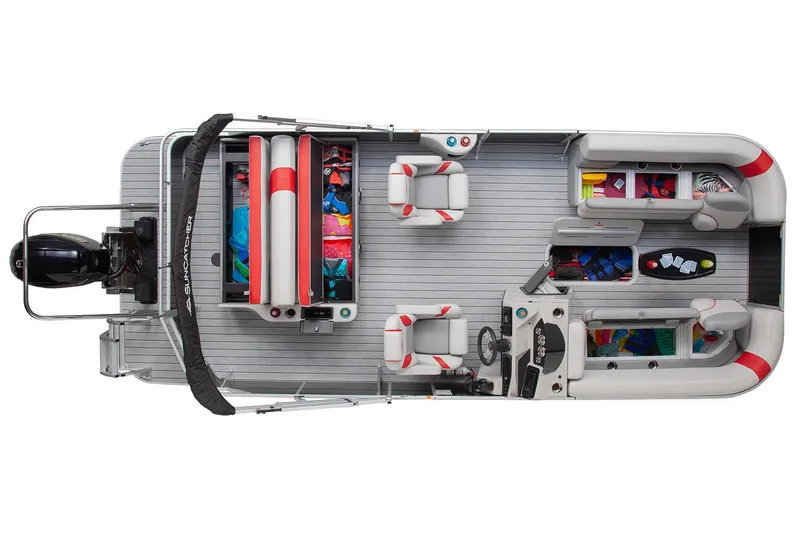 Slide: The Image of 2026 SunCatcher Select 322SL boat interior with sleek seating and table. - 3