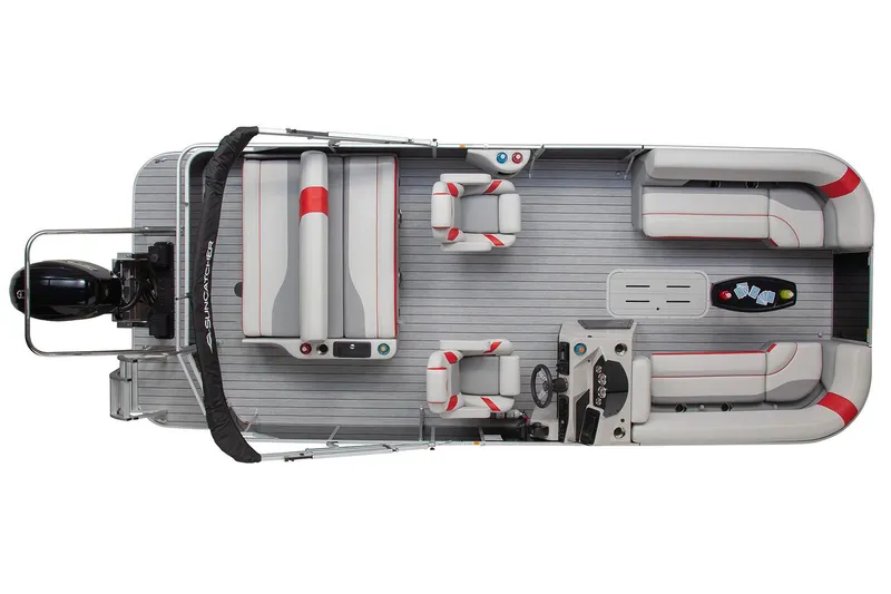 Slide: The Image of 2026 SunCatcher Select 322SL pontoon boat interior with stylish seating and modern design. - 4
