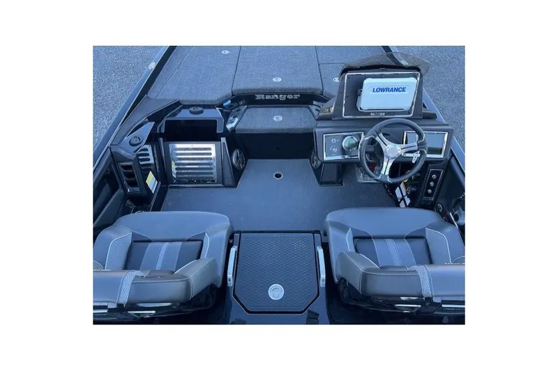 Slide: The Image of 2024 Ranger Z521R boat interior with steering wheel and Lowrance display. - 5