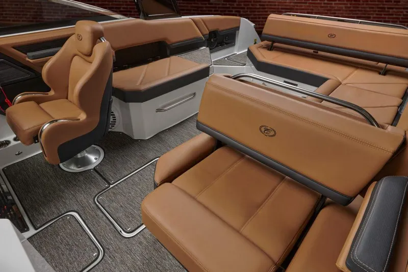 Slide: The Image of 2023 Cobalt R8 boat storage with orange life jackets. - 11