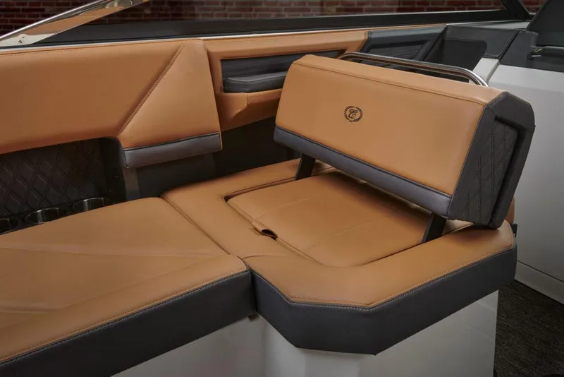 Slide: The Image of 2023 Cobalt R8 boat interior with sleek seating and modern dashboard design. - 12