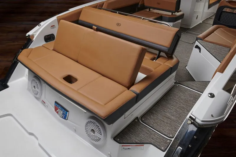 Slide: The Image of 2023 Cobalt R8 boat dashboard with modern controls and steering wheel. - 14