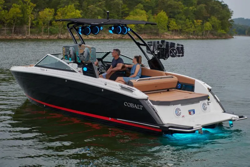 Slide: The Image of 2023 Cobalt R8 boat anchor detail with polished metal finish. - 48