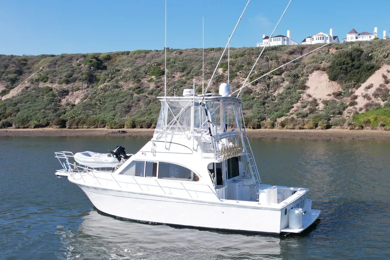 The Image of 1996 Egg Harbor 35 Sport Fisherman boat on calm water near a scenic hillside. - 1