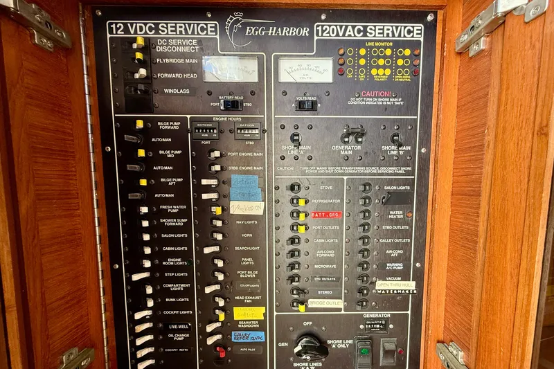 Slide: The Image of Electrical control panel of a 1996 Egg Harbor 35 Sport Fisherman boat. - 30