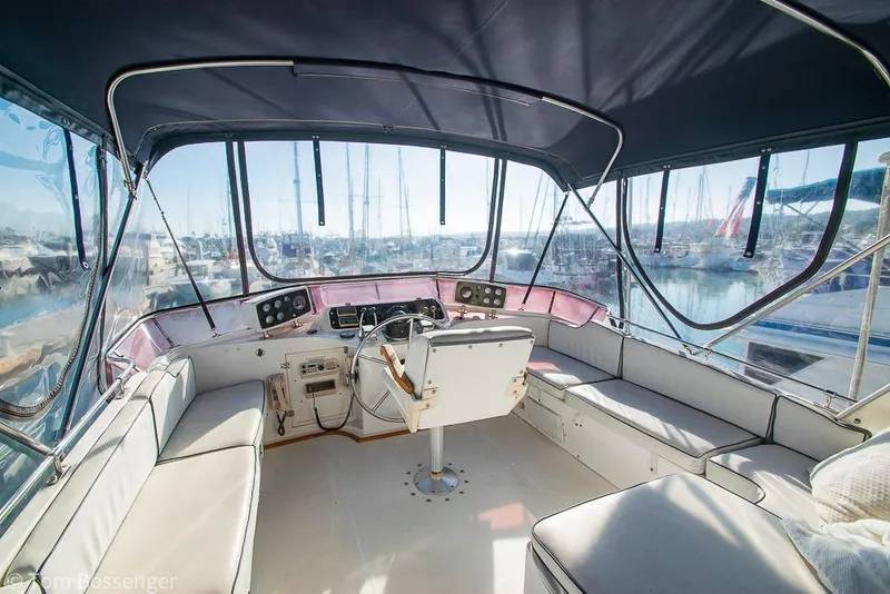 Slide: The Image of Interior view of 1985 Spindrift 40 yacht cockpit with seating and helm. - 29