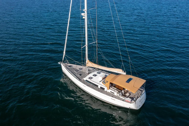 Slide: The Image of Sailing yacht Dufour 525 Grand Large 2011 on open sea, aerial view. - 17