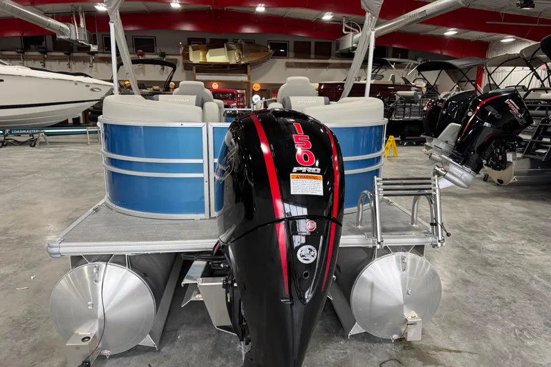 Slide: The Image of 2025 Sylvan 8522 Mirage pontoon boat with powerful 150 Pro outboard motor. - 5