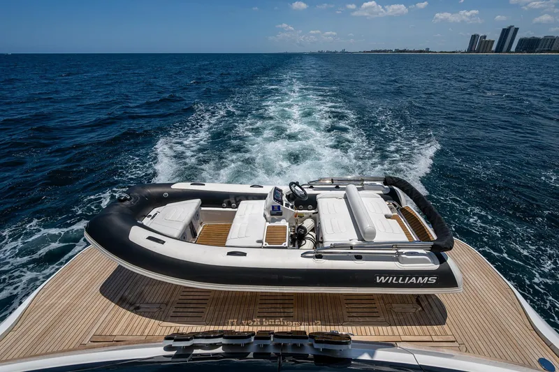 Slide: The Image of Luxury Princess X95 yacht with Williams tender on deck, cruising in open sea, 2022 model. - 11