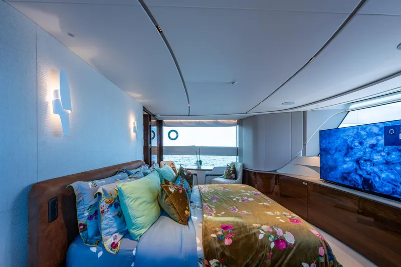 Slide: The Image of Luxurious bedroom interior of 2022 Princess X95 yacht with ocean view and modern decor. - 33
