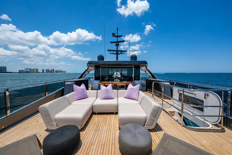 Slide: The Image of Luxurious 2022 Princess X95 yacht deck with modern seating, ocean view, and clear blue sky. - 75