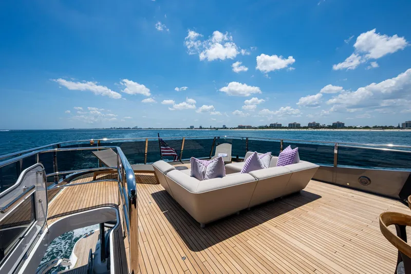 Slide: The Image of Luxurious 2022 Princess X95 yacht deck with seating, ocean view, and clear blue sky. - 77