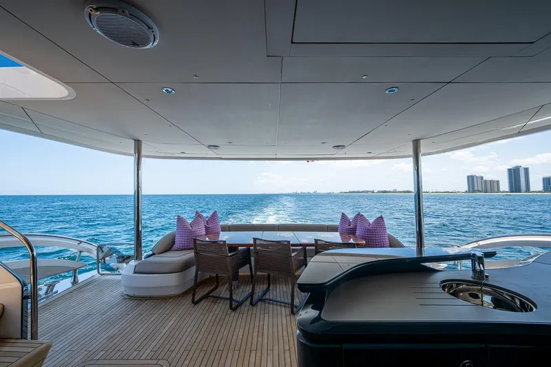Slide: The Image of Luxurious 2022 Princess X95 yacht deck with ocean view and modern seating area. - 90