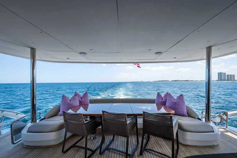 Slide: The Image of Luxurious 2022 Princess X95 yacht deck with ocean view and elegant seating. - 91