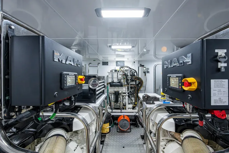 Slide: The Image of Engine room of 2022 Princess X95 yacht featuring MAN systems and advanced machinery. - 99