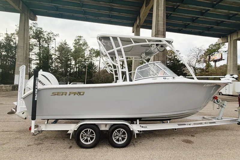 Slide: The Image of 2025 Seapro 240 DLX boat on trailer under bridge, side view. - 6