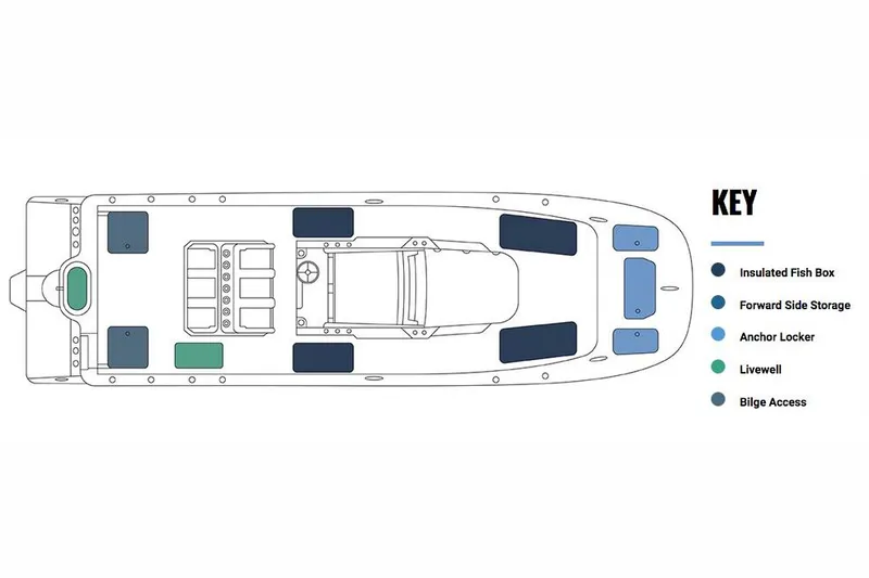Slide: The Image of Manufacturer Provided Image: 2026 Invincible 33 Catamaran layout with storage, fish box, livewell, and anchor locker. - 32