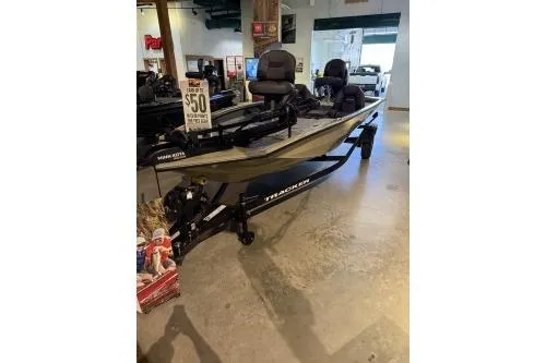 The Image of 2026 Tracker Pro Team 195 boat displayed indoors on a trailer. - 0