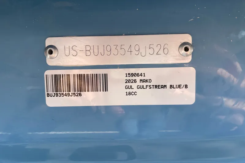 Slide: The Image of 2026 Mako 18 Pro Skiff identification plate with serial number and barcode. - 76