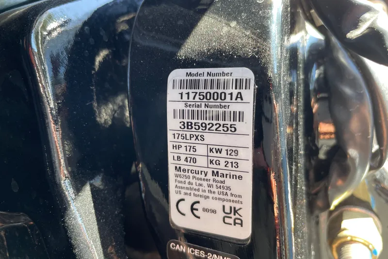 Slide: The Image of Label on Mercury Marine engine, model 175L PXS, for Mako 18 Pro Skiff 2026. - 77
