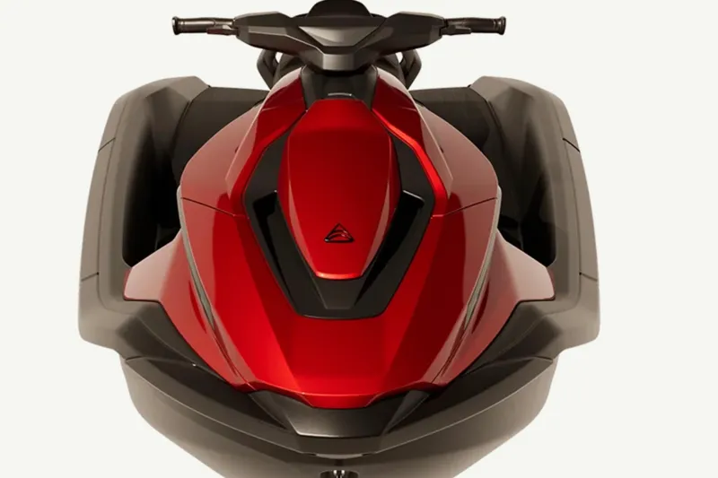 Slide: The Image of 2025 Taiga Orca P2 jet ski, sleek red design, top view. - 10