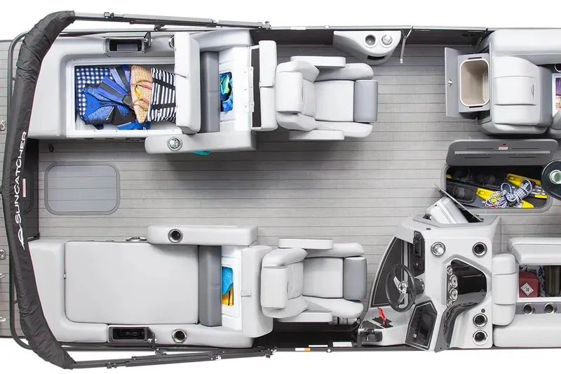 Slide: The Image of Top view of 2026 SunCatcher Elite 322 SR pontoon boat interior layout. - 7