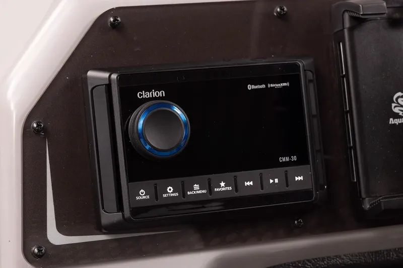 Slide: The Image of Clarion audio system in 2026 SunCatcher Elite 322 SR boat dashboard. - 9