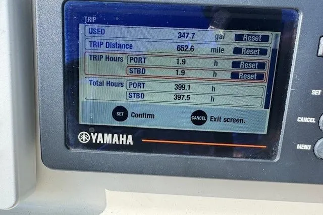 Slide: The Image of Yamaha display showing trip data for 2016 Cobia 277 Center Console boat. - 10