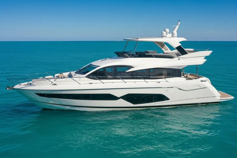 The Image of 2019 Sunseeker Manhattan 66 yacht on clear blue water, side view. - 1