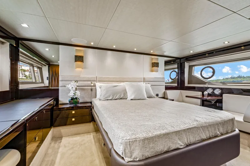 Slide: The Image of Luxurious bedroom interior of 2019 Sunseeker Manhattan 66 yacht with elegant furnishings. - 36