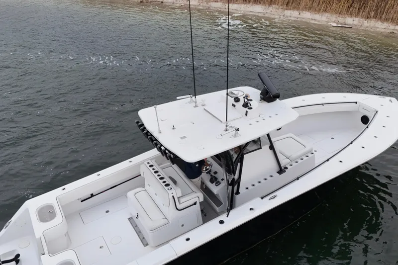 Slide: The Image of 2016 Sea Hunter 35 Tournament boat on water, aerial view. - 8