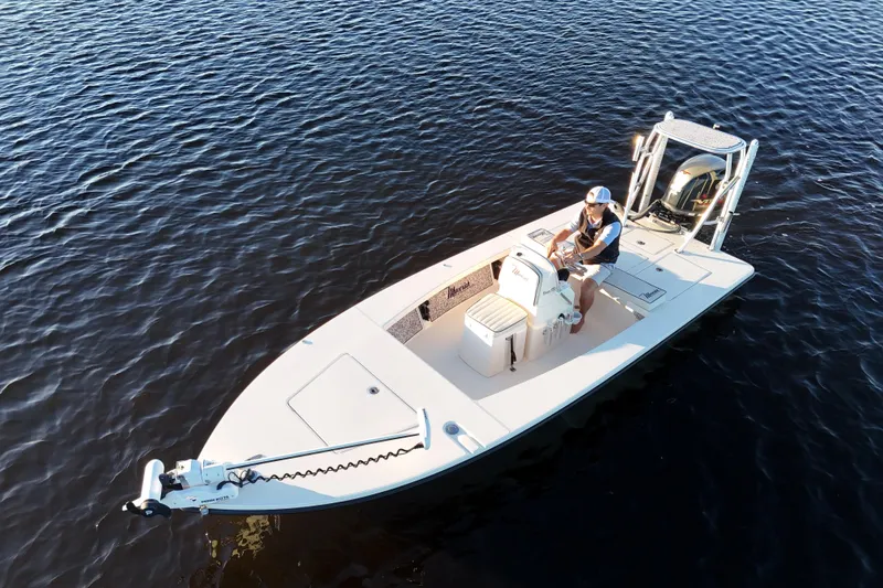 Slide: The Image of 2019 Maverick 18 HPX-V boat on calm water, aerial view. - 40