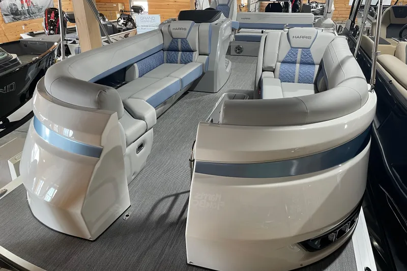 Slide: The Image of 2026 Harris Grand Mariner SLEC 250 pontoon boat interior with luxurious seating and modern design. - 17