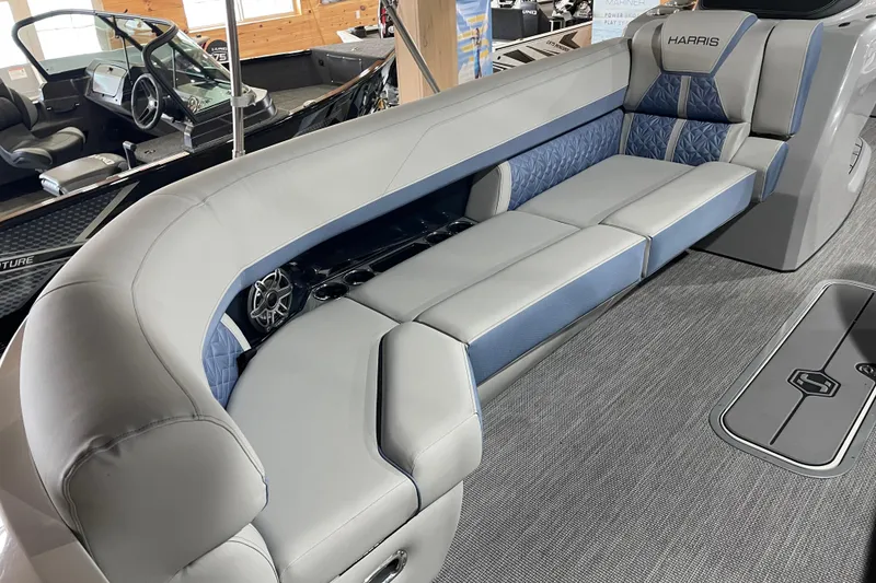 Slide: The Image of 2026 Harris Grand Mariner SLEC 250 boat interior with luxurious seating and modern design. - 19