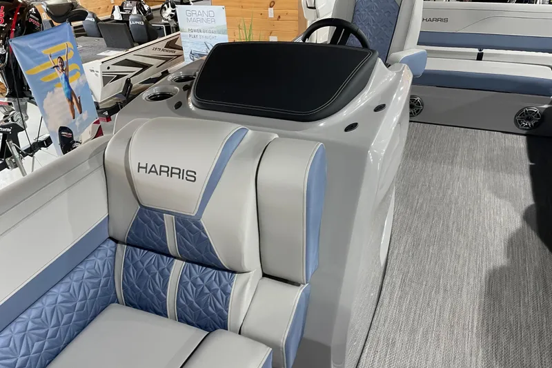 Slide: The Image of 2026 Harris Grand Mariner SLEC 250 boat interior with luxurious seating and modern design. - 21