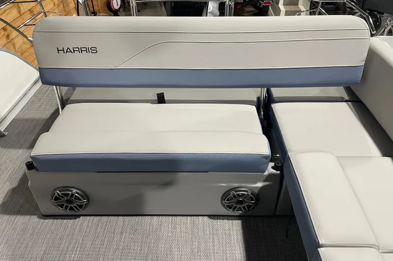 Slide: The Image of 2026 Harris Grand Mariner SEL 250 boat seating with integrated speakers and stylish upholstery. - 9