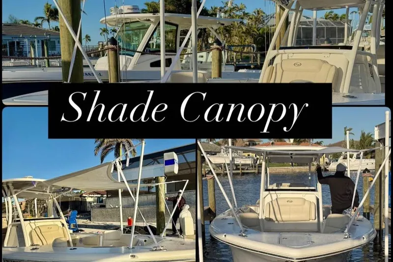Slide: The Image of 2022 Key West 263 FS boat with shade canopy, docked in a sunny marina. - 18