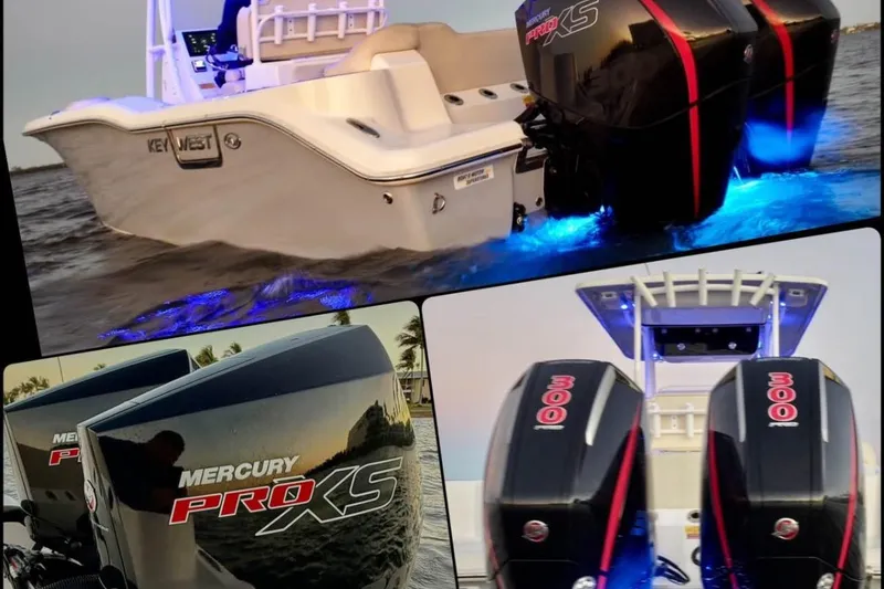 Slide: The Image of 2022 Key West 263 FS boat with dual Mercury Pro XS engines and blue underwater lights. - 3