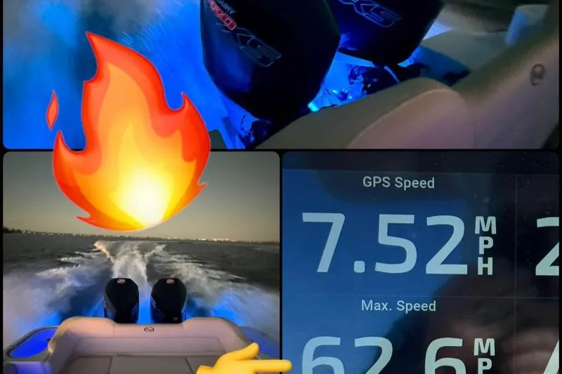Slide: The Image of 2022 Key West 263 FS boat dashboard showing speed, with vibrant blue lighting and flame emoji. - 5