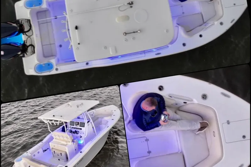 Slide: The Image of 2022 Key West 263 FS boat with illuminated deck and seating, viewed from above. - 6