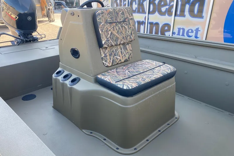 Slide: The Image of 2026 G3 Gator Tough 18 CC boat seat with camouflage cushion and rod holders. - 10