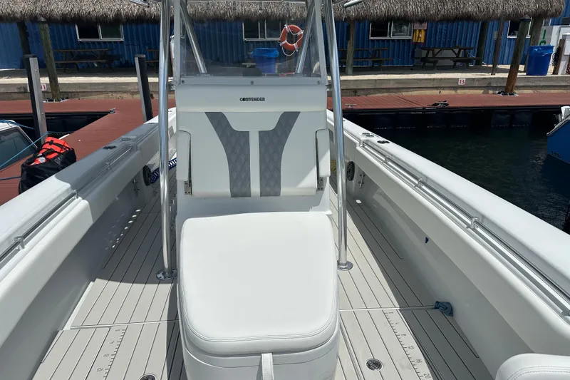 Slide: The Image of 2019 Contender 35 ST boat interior with white seating and sleek design at dock. - 20