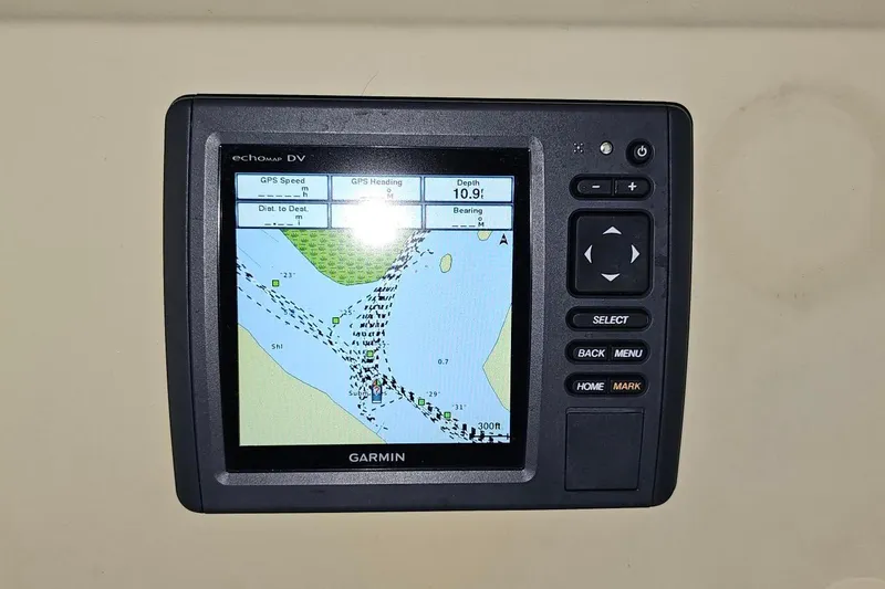 Slide: The Image of Garmin GPS display on 2016 Barracuda 188 CCR boat, showing navigation map and depth. - 9