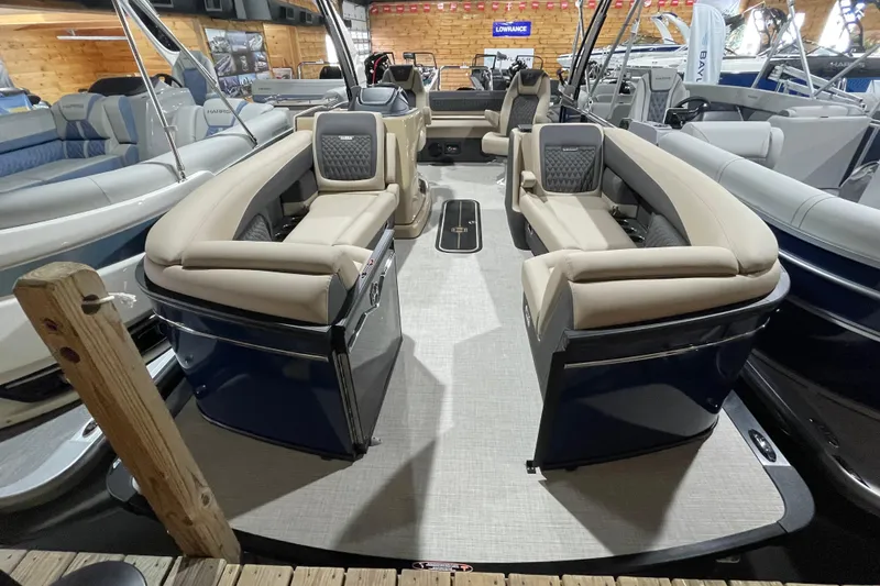 Slide: The Image of 2026 Harris SUNLINER 230 SLDH pontoon boat with luxurious seating and modern design. - 25